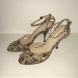 Johnston & Murphy snake print open toed heels